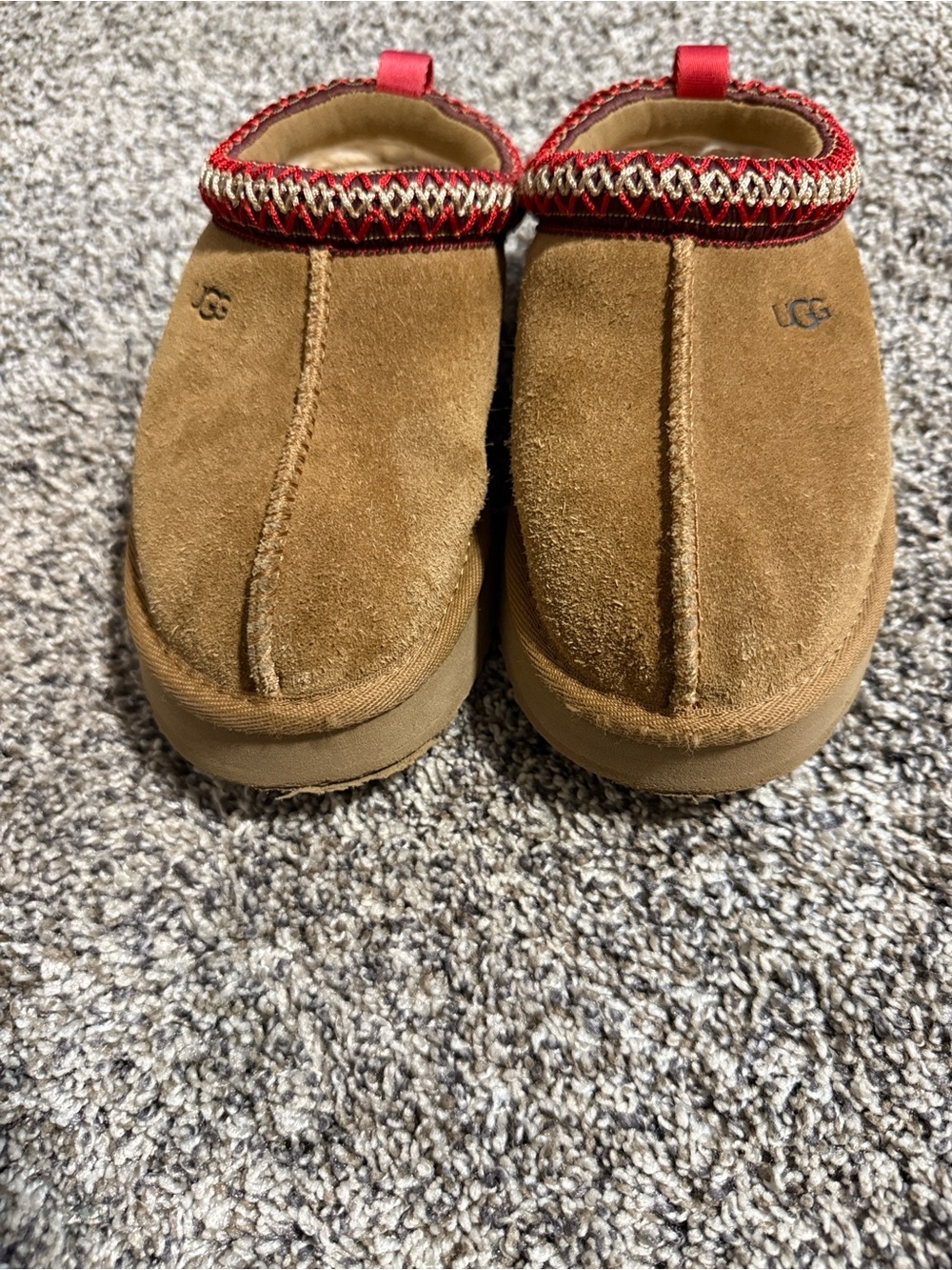 Kids 13 UGG Chestnut Suede Slip-On Clogs with Red Trim